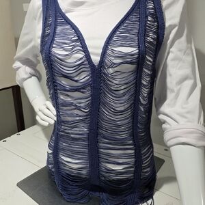 Boho Blue Distressed Knit Tank Vest – Layered Crochet Look Festival Top